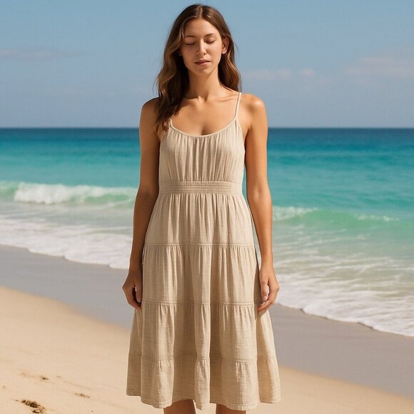 Old Navy Women Dress Size XL Cami Smocked Dried Linen Coastal Boho Minimalist - Picture 1 of 10